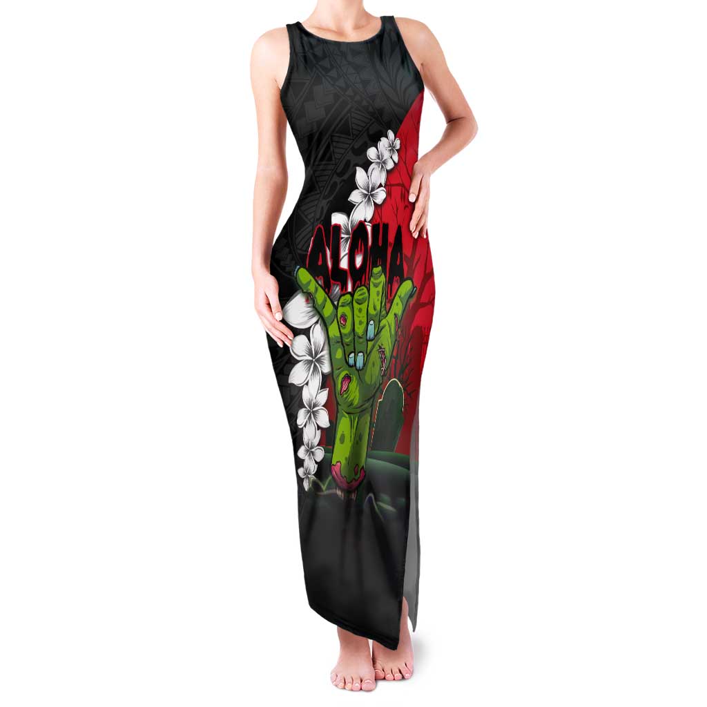 Hawaiian Halloween Tank Maxi Dress Horror Shaka Hand with Plumeria and Polynesian Tattoo Blood Color LT03 Women Red - Polynesian Pride