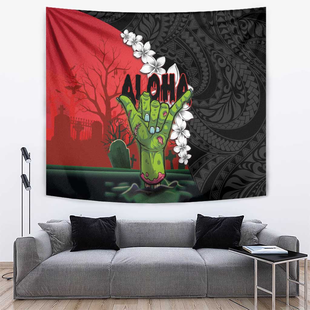 Hawaiian Halloween Tapestry Horror Shaka Hand with Plumeria and Polynesian Tattoo Blood Color