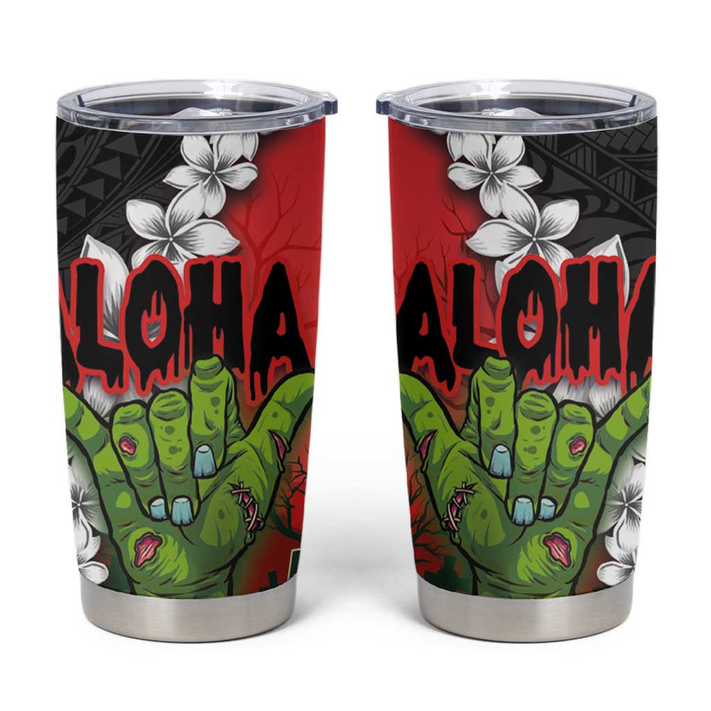 Hawaiian Halloween Tumbler Cup Horror Shaka Hand with Plumeria and Polynesian Tattoo Blood Color