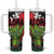 Hawaiian Halloween Tumbler With Handle Horror Shaka Hand with Plumeria and Polynesian Tattoo Blood Color