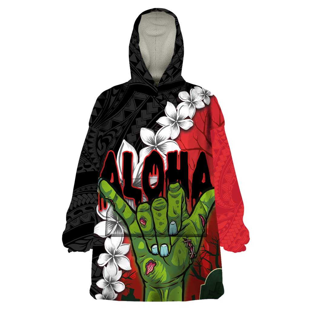 Hawaiian Halloween Wearable Blanket Hoodie Horror Shaka Hand with Plumeria and Polynesian Tattoo Blood Color