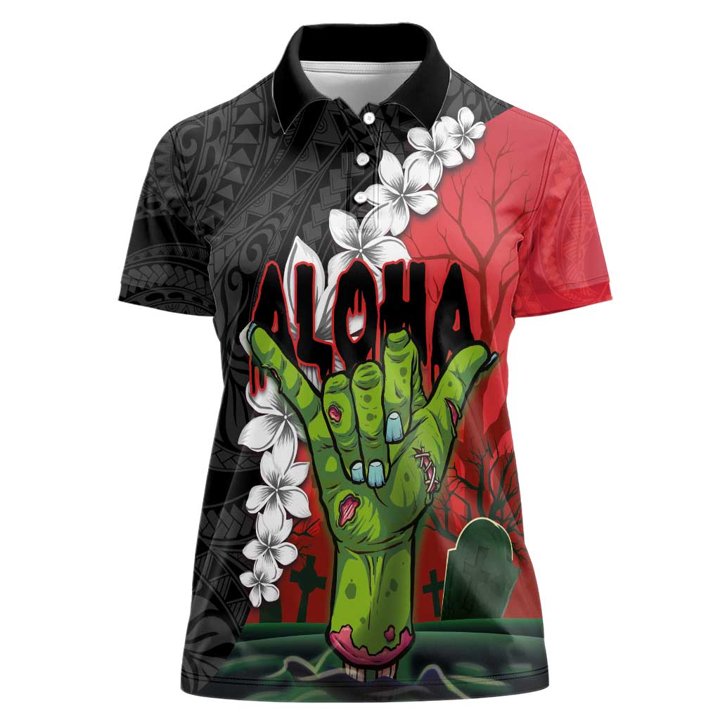 Hawaiian Halloween Women Polo Shirt Horror Shaka Hand with Plumeria and Polynesian Tattoo Blood Color