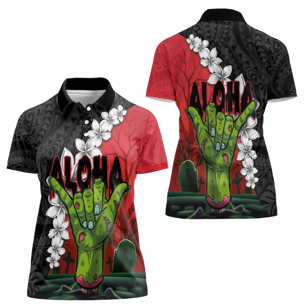 Hawaiian Halloween Women Polo Shirt Horror Shaka Hand with Plumeria and Polynesian Tattoo Blood Color