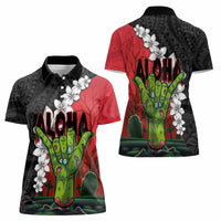 Hawaiian Halloween Women Polo Shirt Horror Shaka Hand with Plumeria and Polynesian Tattoo Blood Color