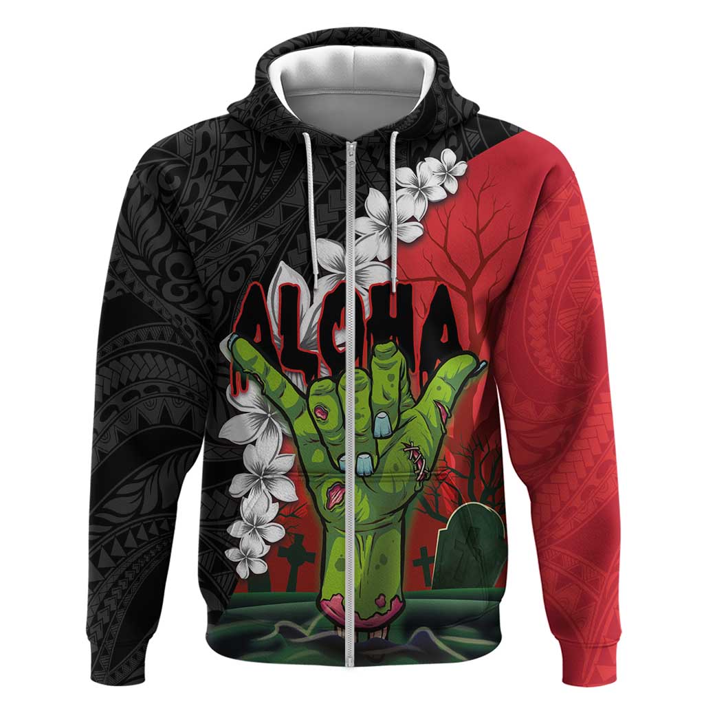 Hawaiian Halloween Zip Hoodie Horror Shaka Hand with Plumeria and Polynesian Tattoo Blood Color