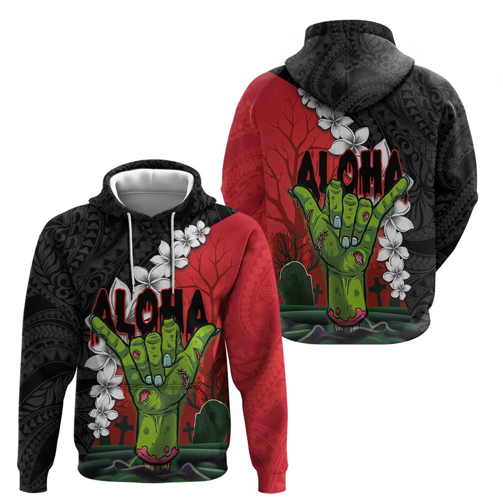 Hawaiian Halloween Zip Hoodie Horror Shaka Hand with Plumeria and Polynesian Tattoo Blood Color
