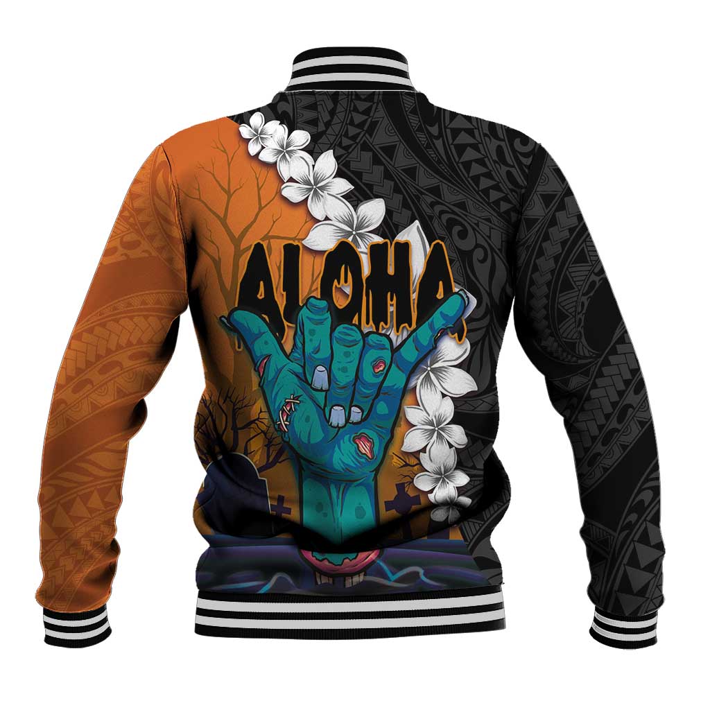 Hawaiian Halloween Baseball Jacket Horror Shaka Hand with Plumeria and Polynesian Tattoo Autumn Color LT03 - Polynesian Pride