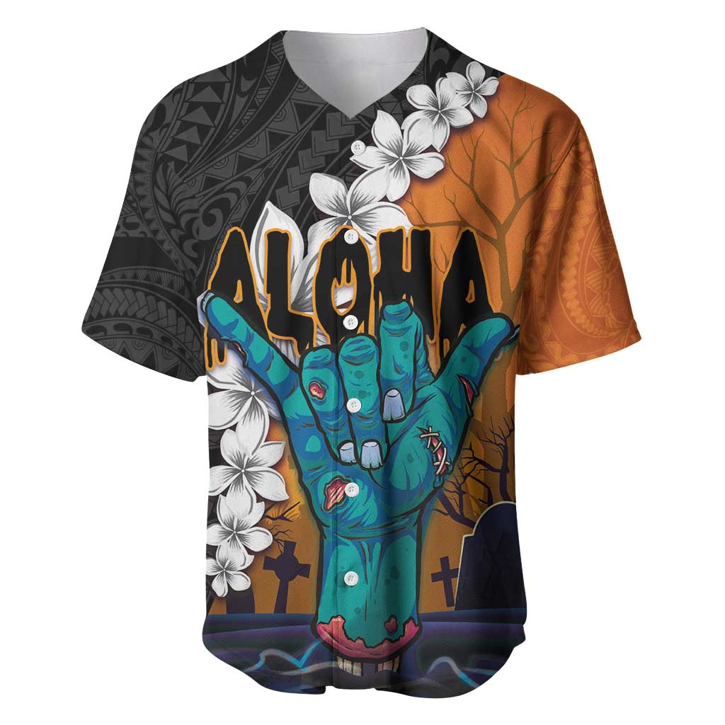 Hawaiian Halloween Baseball Jersey Horror Shaka Hand with Plumeria and Polynesian Tattoo Autumn Color