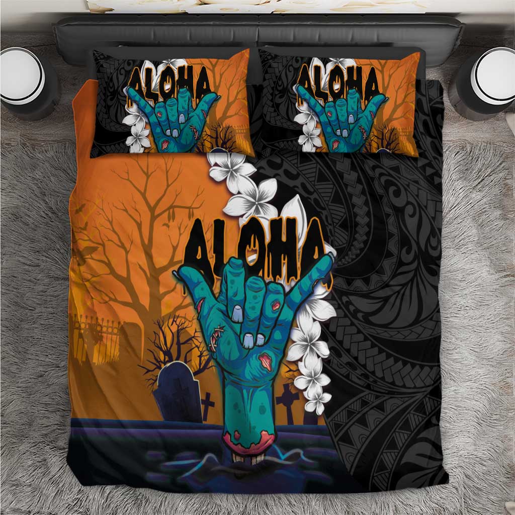 Hawaiian Halloween Bedding Set Horror Shaka Hand with Plumeria and Polynesian Tattoo Autumn Color