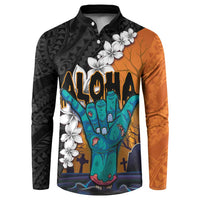 Hawaiian Halloween Button Sweatshirt Horror Shaka Hand with Plumeria and Polynesian Tattoo Autumn Color LT03 Orange - Polynesian Pride