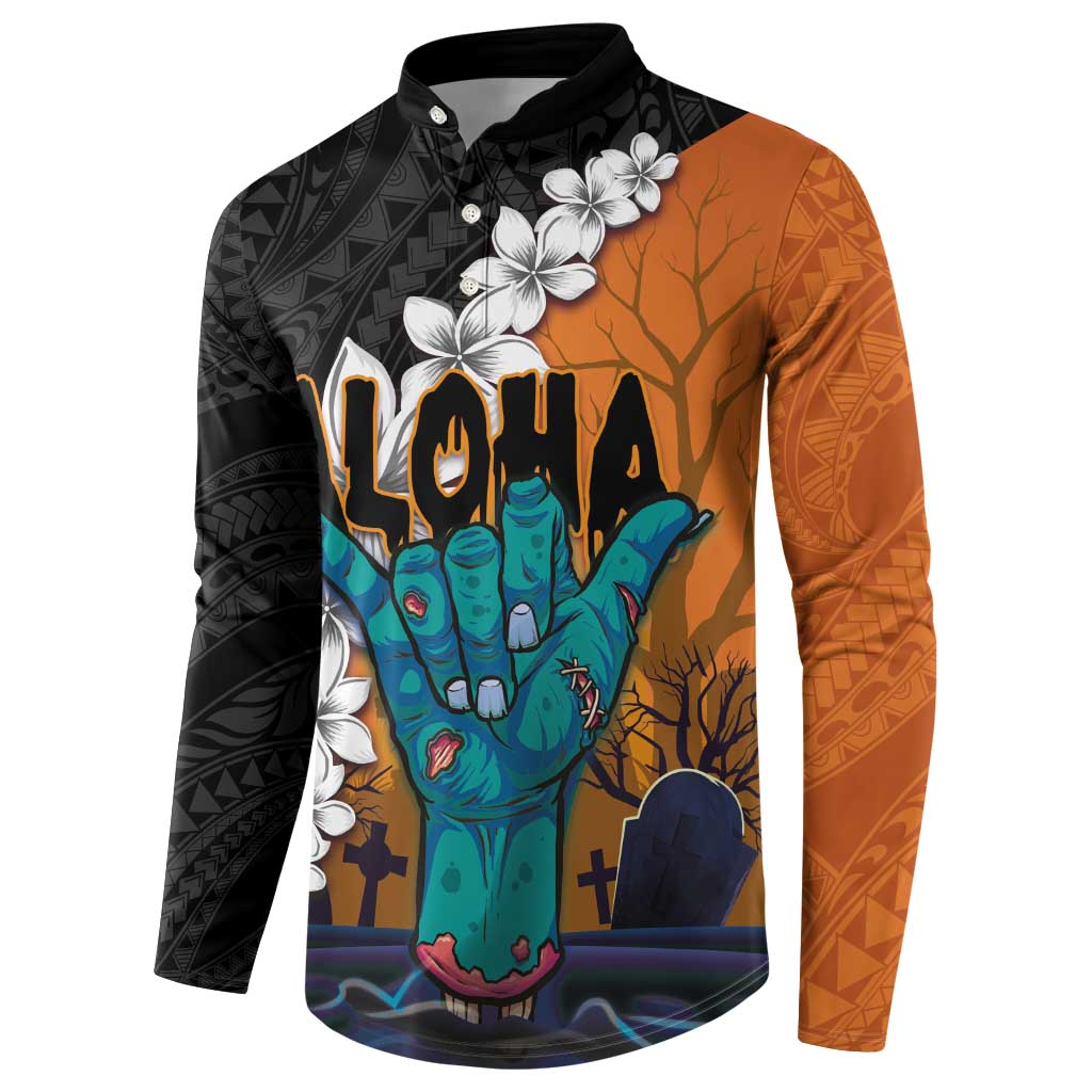 Hawaiian Halloween Button Sweatshirt Horror Shaka Hand with Plumeria and Polynesian Tattoo Autumn Color LT03 - Polynesian Pride