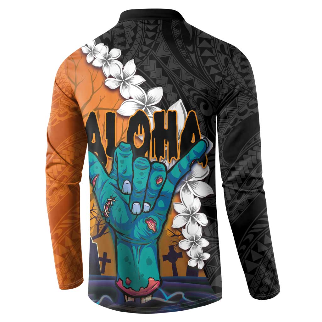 Hawaiian Halloween Button Sweatshirt Horror Shaka Hand with Plumeria and Polynesian Tattoo Autumn Color LT03 - Polynesian Pride