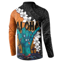 Hawaiian Halloween Button Sweatshirt Horror Shaka Hand with Plumeria and Polynesian Tattoo Autumn Color LT03 - Polynesian Pride