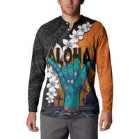Hawaiian Halloween Button Sweatshirt Horror Shaka Hand with Plumeria and Polynesian Tattoo Autumn Color LT03 - Polynesian Pride