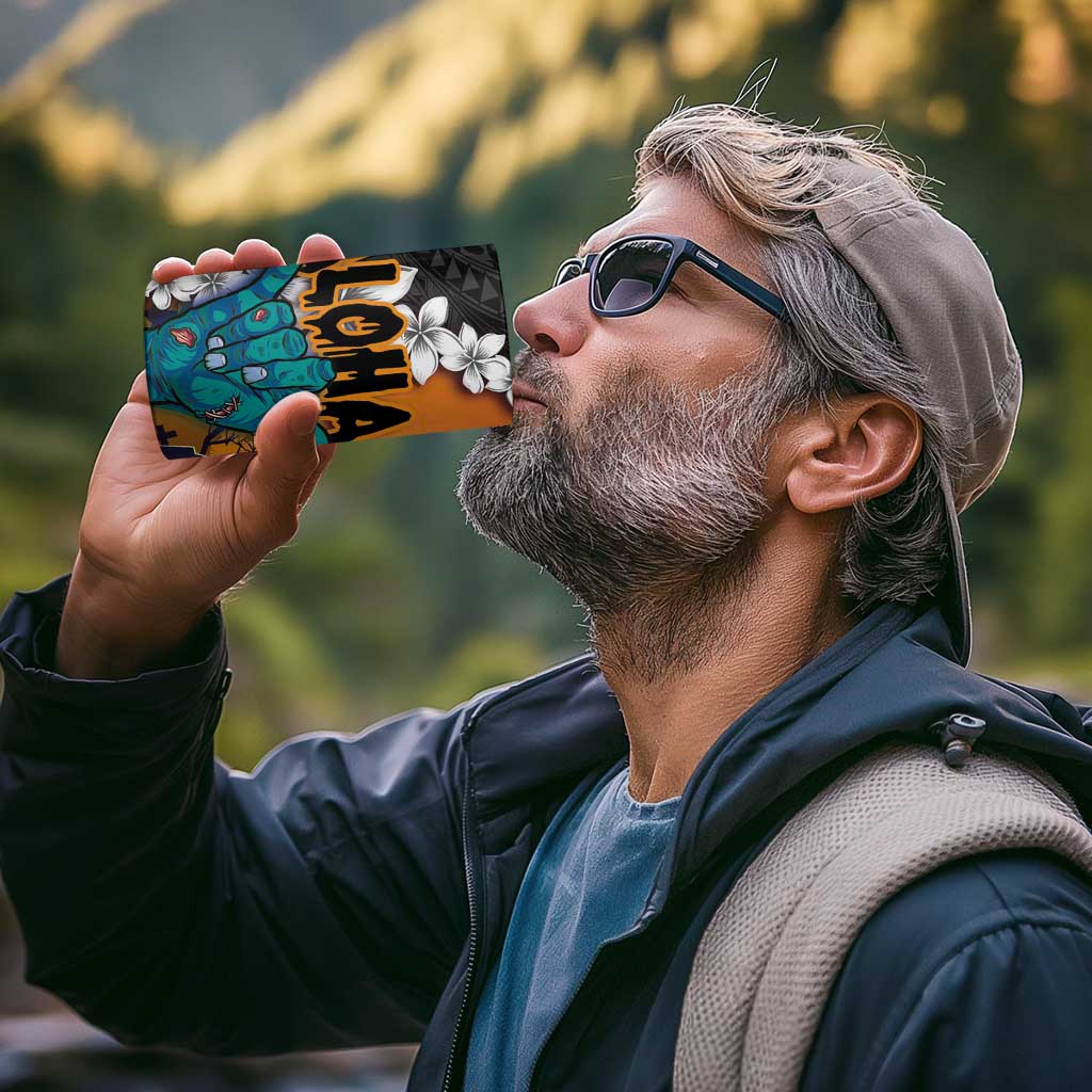 Hawaiian Halloween 4 in 1 Can Cooler Tumbler Horror Shaka Hand with Plumeria and Polynesian Tattoo Autumn Color