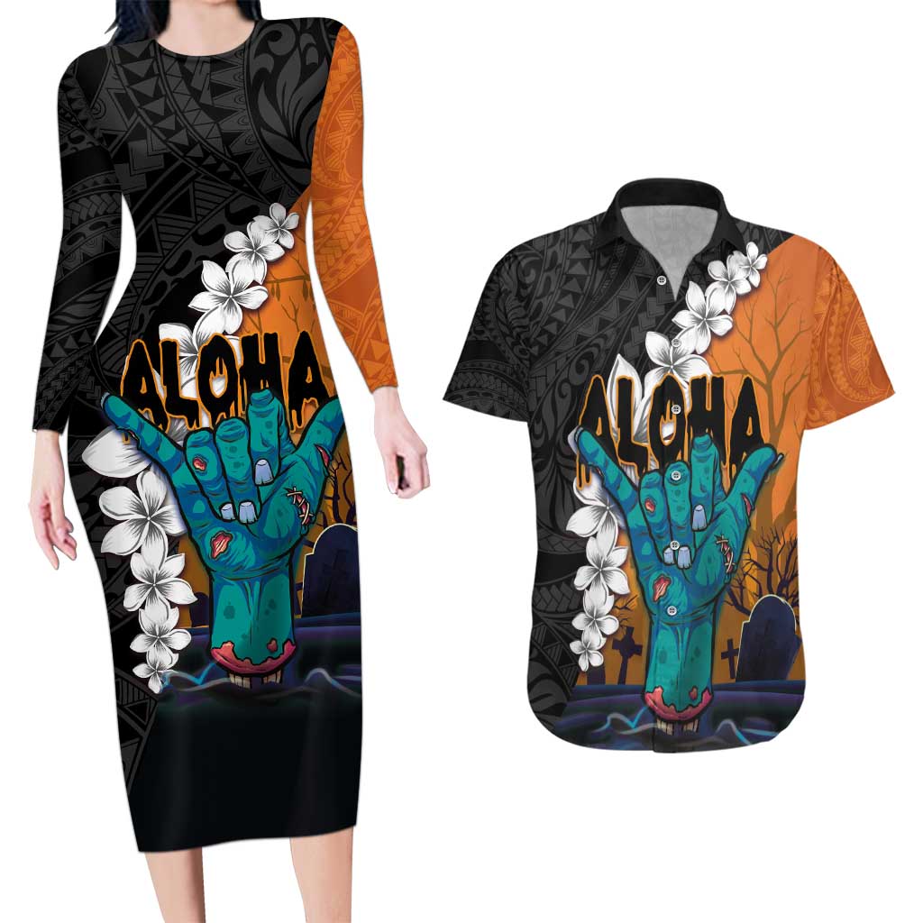 Hawaiian Halloween Couples Matching Long Sleeve Bodycon Dress and Hawaiian Shirt Horror Shaka Hand with Plumeria and Polynesian Tattoo Autumn Color