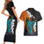 Hawaiian Halloween Couples Matching Short Sleeve Bodycon Dress and Hawaiian Shirt Horror Shaka Hand with Plumeria and Polynesian Tattoo Autumn Color