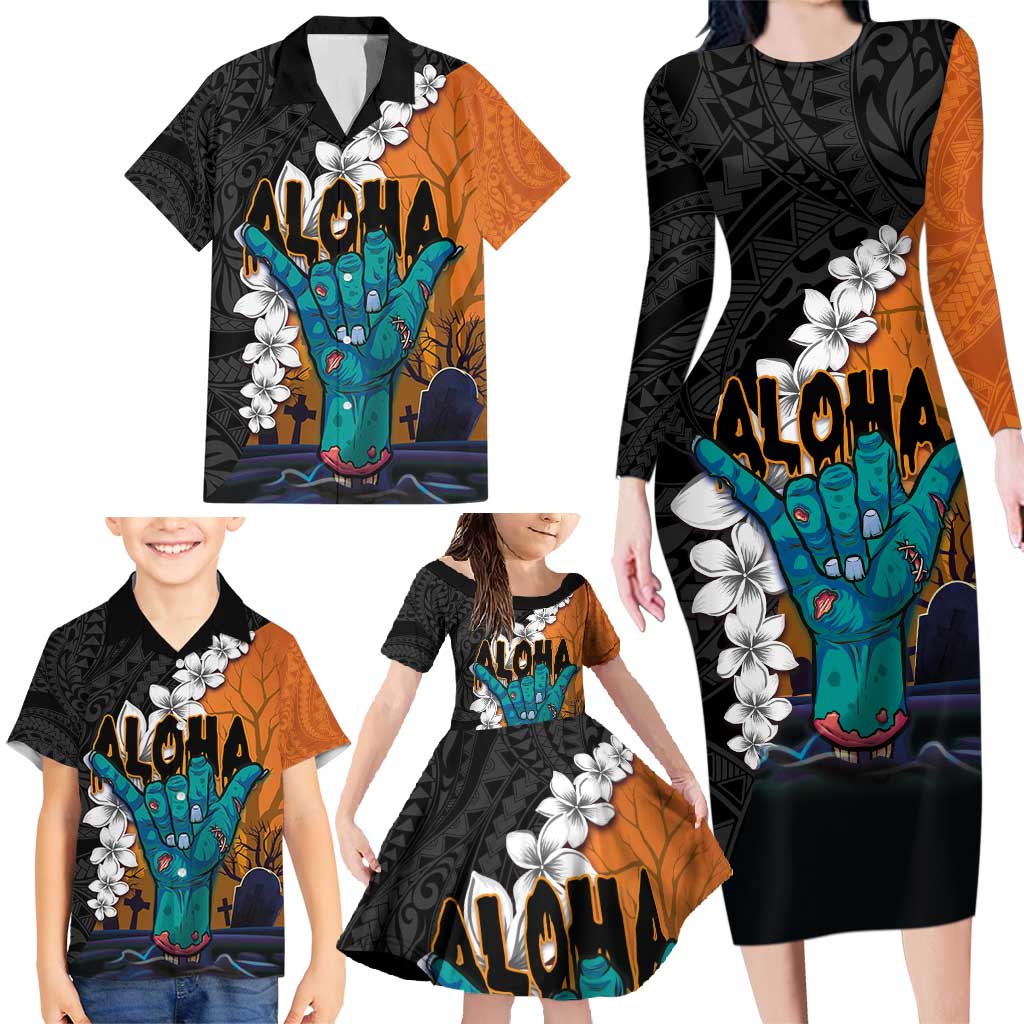 Hawaiian Halloween Family Matching Long Sleeve Bodycon Dress and Hawaiian Shirt Horror Shaka Hand with Plumeria and Polynesian Tattoo Autumn Color