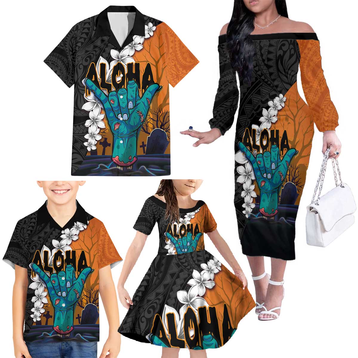 Hawaiian Halloween Family Matching Off The Shoulder Long Sleeve Dress and Hawaiian Shirt Horror Shaka Hand with Plumeria and Polynesian Tattoo Autumn Color