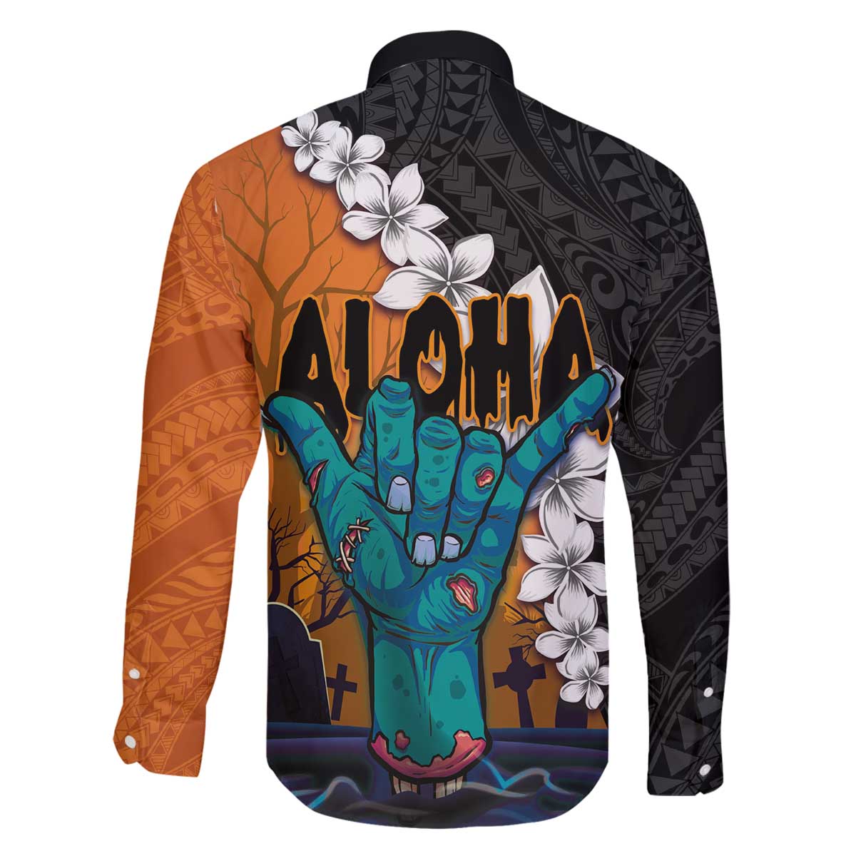 Hawaiian Halloween Family Matching Off The Shoulder Long Sleeve Dress and Hawaiian Shirt Horror Shaka Hand with Plumeria and Polynesian Tattoo Autumn Color