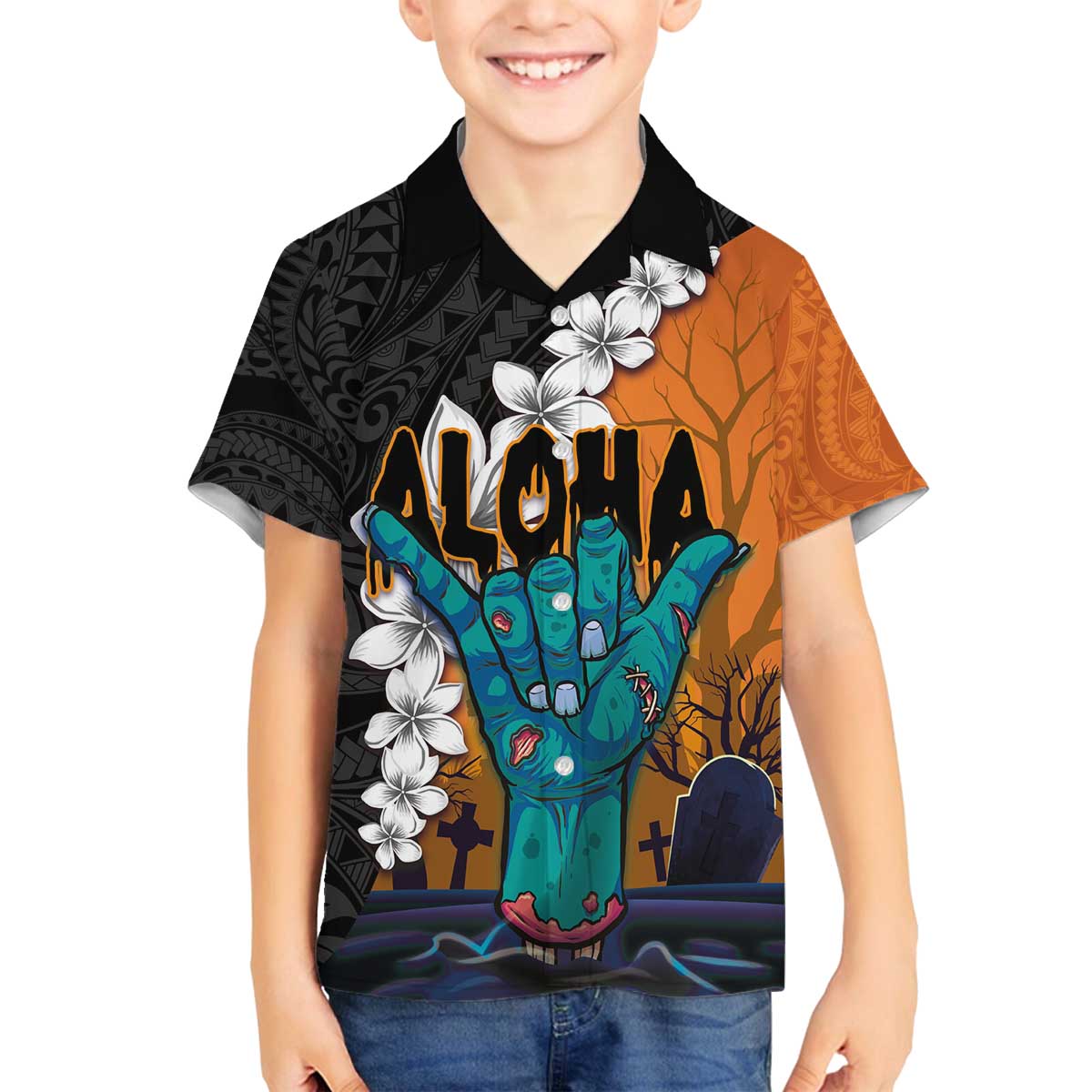 Hawaiian Halloween Family Matching Off Shoulder Short Dress and Hawaiian Shirt Horror Shaka Hand with Plumeria and Polynesian Tattoo Autumn Color