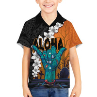 Hawaiian Halloween Family Matching Off Shoulder Short Dress and Hawaiian Shirt Horror Shaka Hand with Plumeria and Polynesian Tattoo Autumn Color