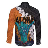 Hawaiian Halloween Family Matching Puletasi and Hawaiian Shirt Horror Shaka Hand with Plumeria and Polynesian Tattoo Autumn Color