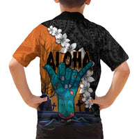 Hawaiian Halloween Family Matching Tank Maxi Dress and Hawaiian Shirt Horror Shaka Hand with Plumeria and Polynesian Tattoo Autumn Color