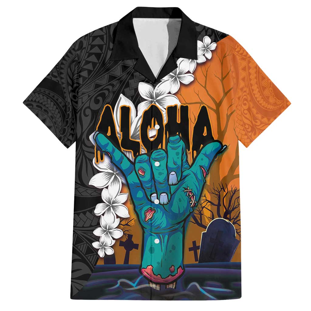 Hawaiian Halloween Family Matching Tank Maxi Dress and Hawaiian Shirt Horror Shaka Hand with Plumeria and Polynesian Tattoo Autumn Color