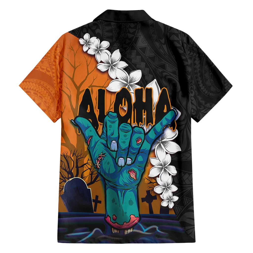 Hawaiian Halloween Family Matching Tank Maxi Dress and Hawaiian Shirt Horror Shaka Hand with Plumeria and Polynesian Tattoo Autumn Color
