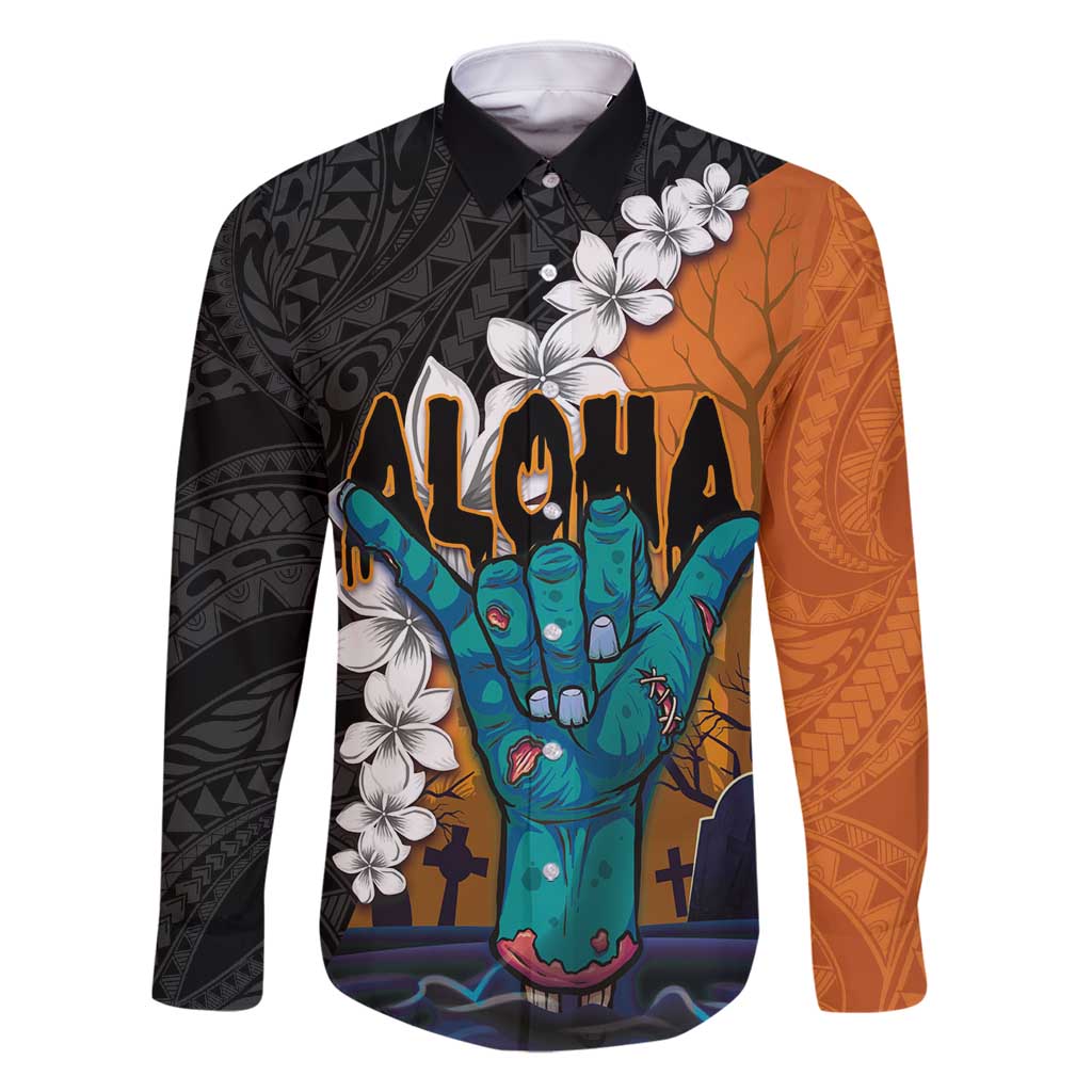 Hawaiian Halloween Family Matching Tank Maxi Dress and Hawaiian Shirt Horror Shaka Hand with Plumeria and Polynesian Tattoo Autumn Color