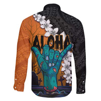 Hawaiian Halloween Family Matching Tank Maxi Dress and Hawaiian Shirt Horror Shaka Hand with Plumeria and Polynesian Tattoo Autumn Color