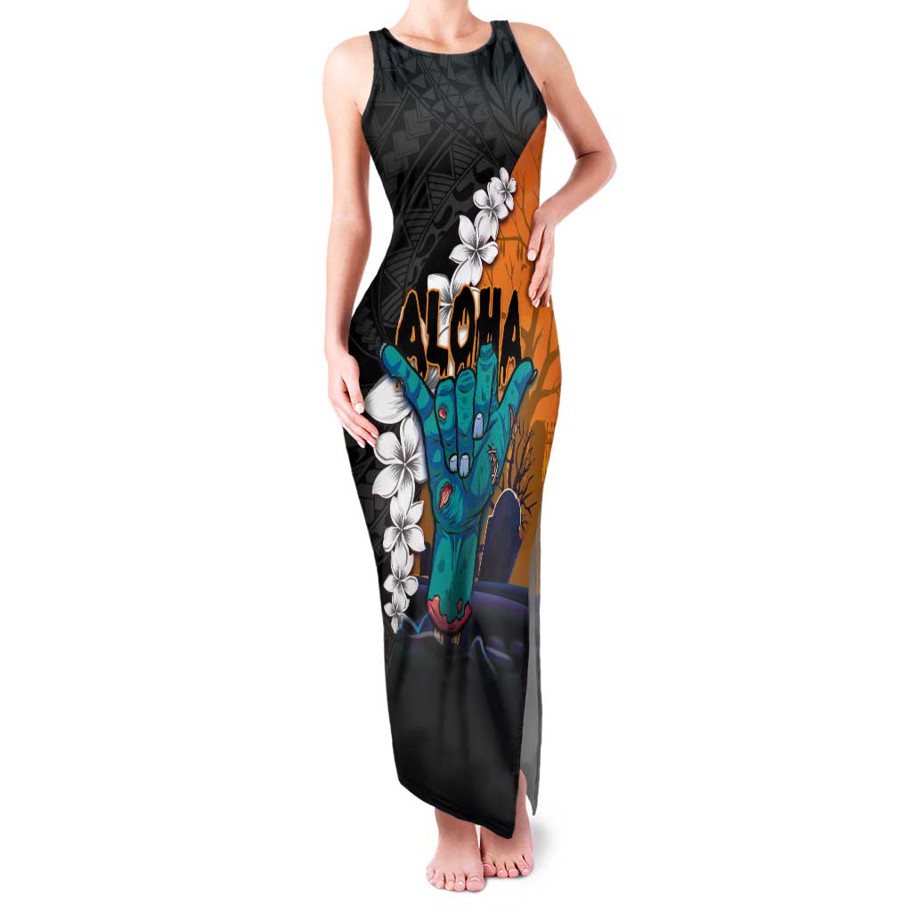 Hawaiian Halloween Family Matching Tank Maxi Dress and Hawaiian Shirt Horror Shaka Hand with Plumeria and Polynesian Tattoo Autumn Color