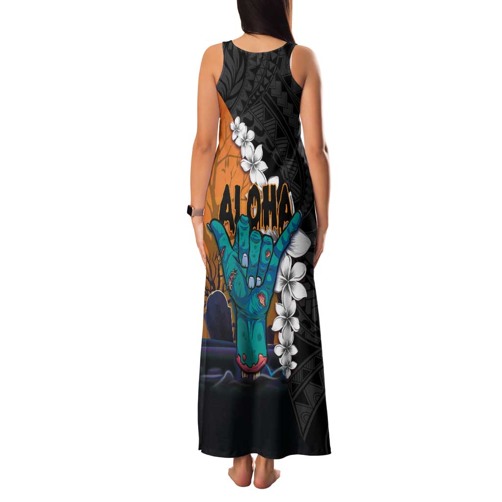 Hawaiian Halloween Family Matching Tank Maxi Dress and Hawaiian Shirt Horror Shaka Hand with Plumeria and Polynesian Tattoo Autumn Color