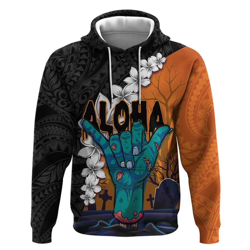 Hawaiian Halloween Hoodie Horror Shaka Hand with Plumeria and Polynesian Tattoo Autumn Color