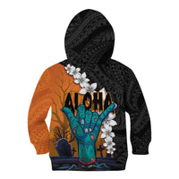 Hawaiian Halloween Kid Hoodie Horror Shaka Hand with Plumeria and Polynesian Tattoo Autumn Color