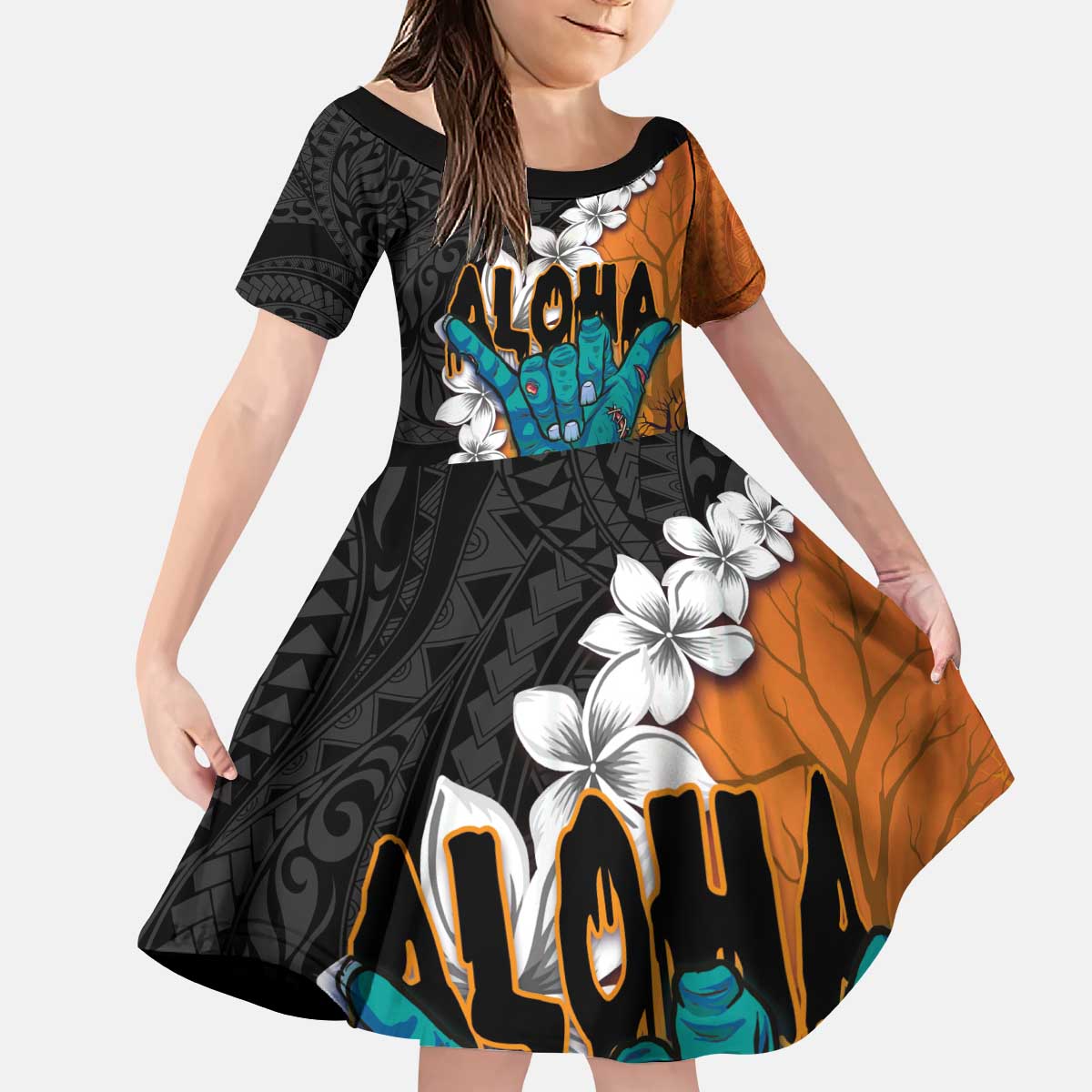 Hawaiian Halloween Kid Short Sleeve Dress Horror Shaka Hand with Plumeria and Polynesian Tattoo Autumn Color