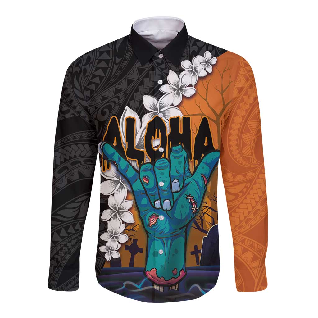 Hawaiian Halloween Long Sleeve Button Shirt Horror Shaka Hand with Plumeria and Polynesian Tattoo Autumn Color