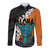 Hawaiian Halloween Long Sleeve Button Shirt Horror Shaka Hand with Plumeria and Polynesian Tattoo Autumn Color