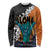 Hawaiian Halloween Long Sleeve Shirt Horror Shaka Hand with Plumeria and Polynesian Tattoo Autumn Color