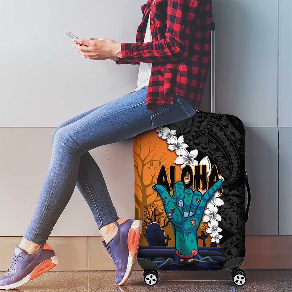 Hawaiian Halloween Luggage Cover Horror Shaka Hand with Plumeria and Polynesian Tattoo Autumn Color
