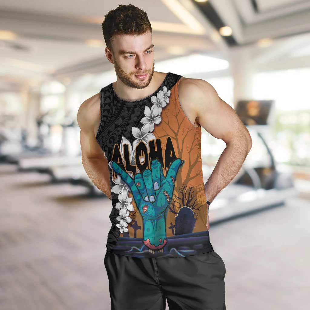 Hawaiian Halloween Men Tank Top Horror Shaka Hand with Plumeria and Polynesian Tattoo Autumn Color