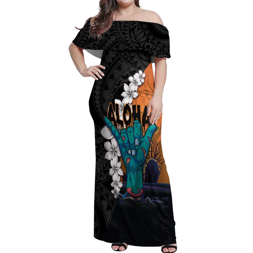 Hawaiian Halloween Off Shoulder Maxi Dress Horror Shaka Hand with Plumeria and Polynesian Tattoo Autumn Color LT03 Women Orange - Polynesian Pride
