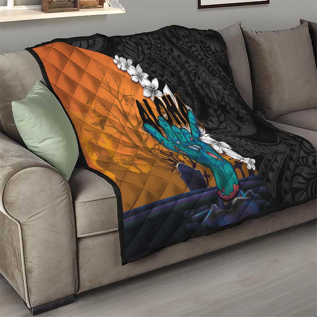 Hawaiian Halloween Quilt Horror Shaka Hand with Plumeria and Polynesian Tattoo Autumn Color