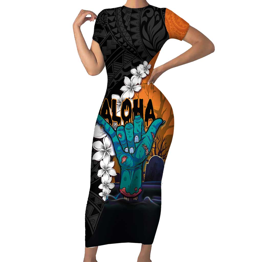 Hawaiian Halloween Short Sleeve Bodycon Dress Horror Shaka Hand with Plumeria and Polynesian Tattoo Autumn Color