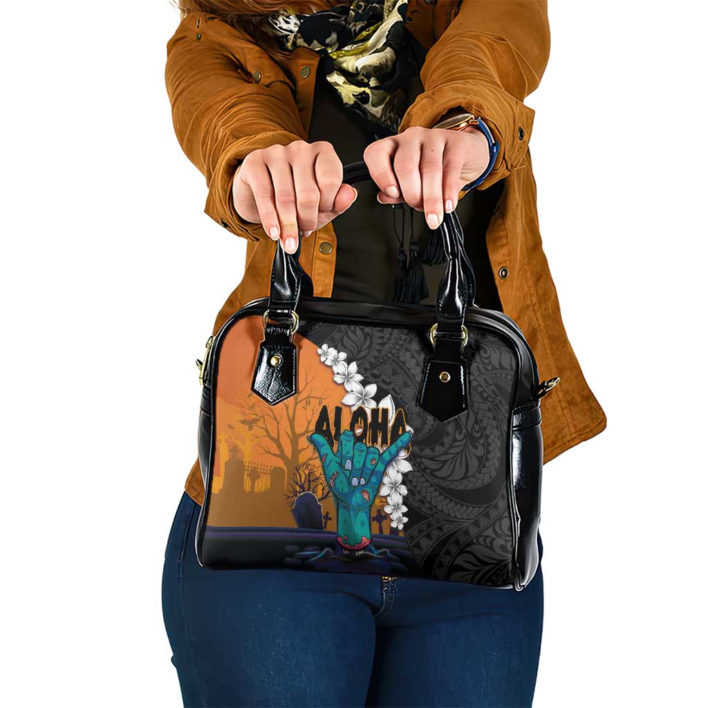 Hawaiian Halloween Shoulder Handbag Horror Shaka Hand with Plumeria and Polynesian Tattoo Autumn Color