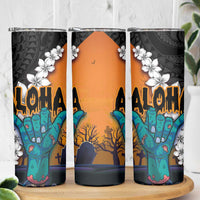 Hawaiian Halloween Skinny Tumbler Horror Shaka Hand with Plumeria and Polynesian Tattoo Autumn Color