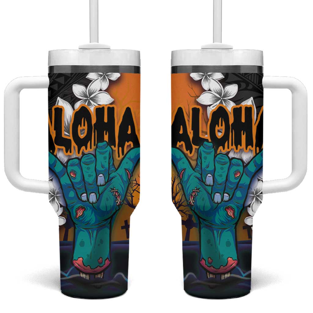 Hawaiian Halloween Tumbler With Handle Horror Shaka Hand with Plumeria and Polynesian Tattoo Autumn Color