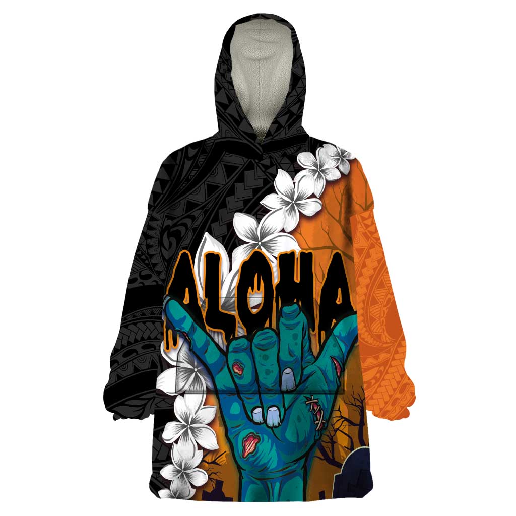 Hawaiian Halloween Wearable Blanket Hoodie Horror Shaka Hand with Plumeria and Polynesian Tattoo Autumn Color