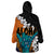 Hawaiian Halloween Wearable Blanket Hoodie Horror Shaka Hand with Plumeria and Polynesian Tattoo Autumn Color